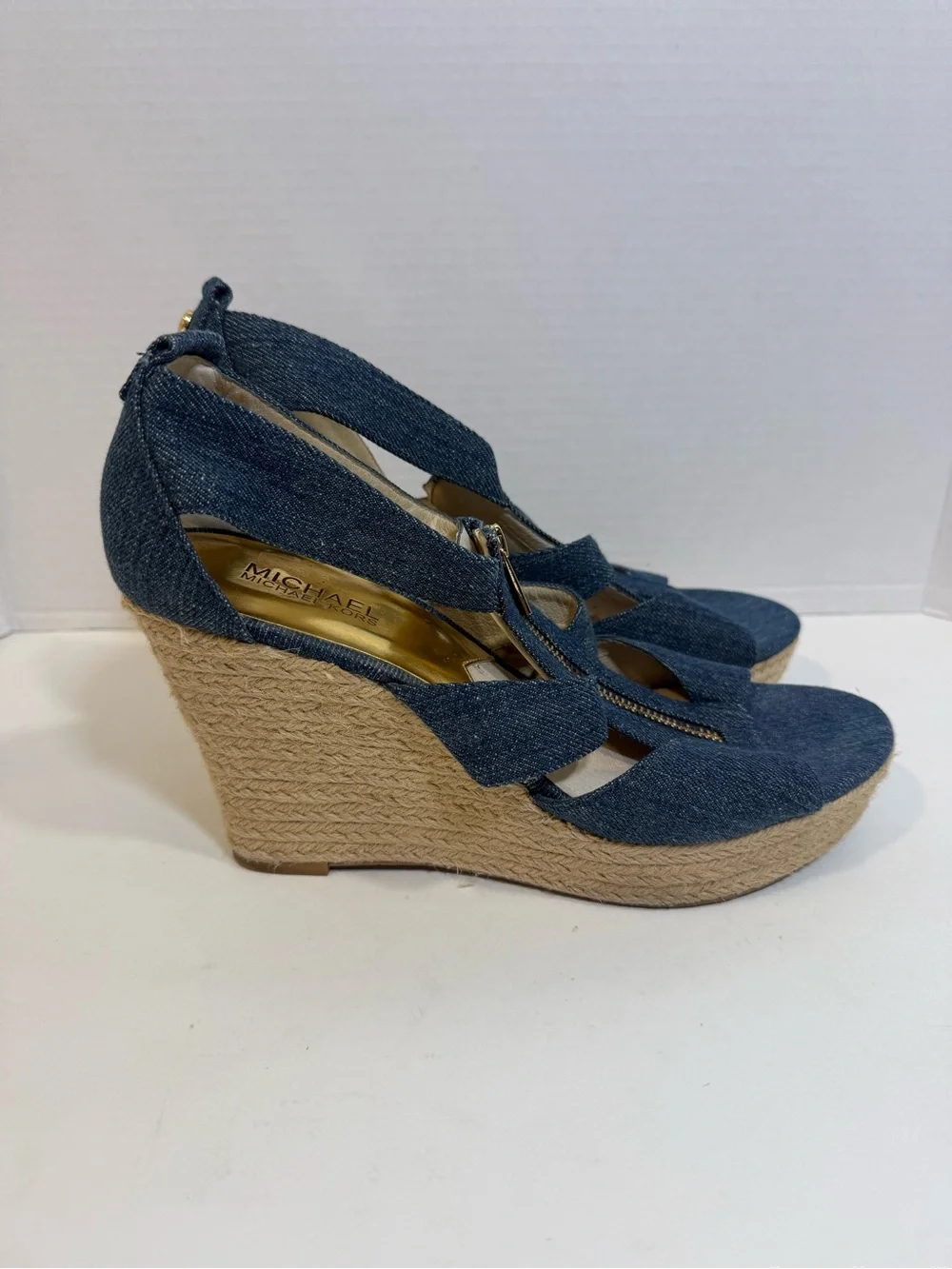 Michael Kors Womens 9.5 Denim Espadrille Wedge Sandals Zip Front Blue Heels